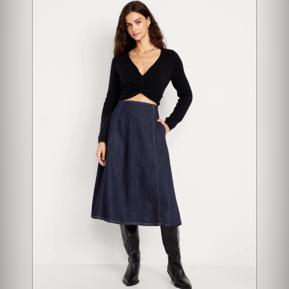 Old Navy High-Waisted Dark Wash Denim Jean A-Line Midi Skirt NWT 12 Retro 70s